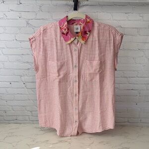 CAbi Pink Stripe Button Front Top with Floral Collar